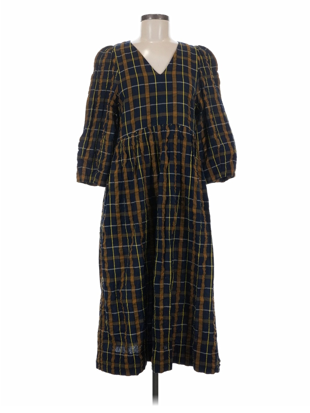 Toast cotton Plaid V-Neck Midi Dress in Navy and Brown Size UK 8 / US 4